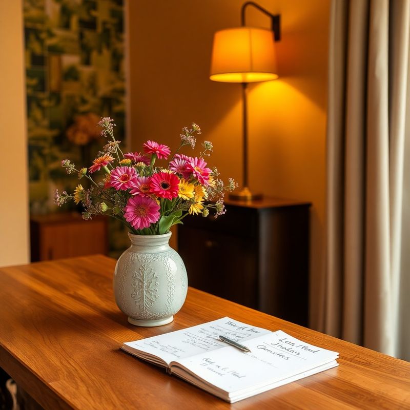 Lumencalpha reception desk detail with fresh flowers and warm amber lamp glow
